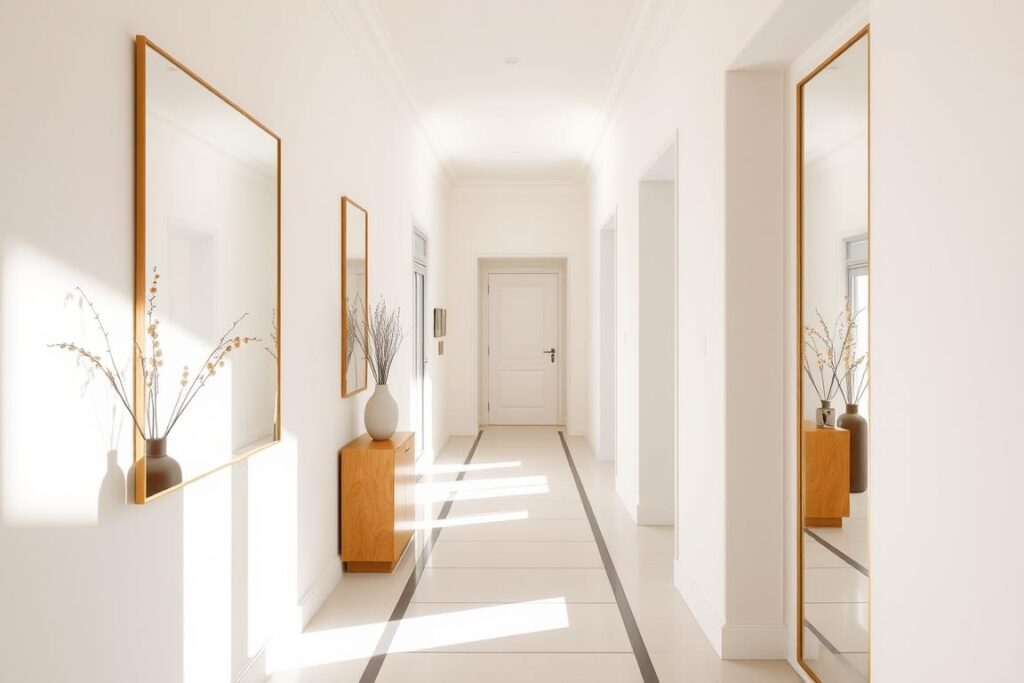 A bright, airy hallway with clean, minimalist design. Neutral tones and natural lighting create a sense of openness and depth. Strategically placed mirrors on the walls reflect light, visually expanding the space. Subtle geometric patterns on the floor tiles guide the eye forward, while carefully curated decor elements like vases and artwork add visual interest without clutter. The hallway's sightlines are unobstructed, creating an illusion of spaciousness in this narrow passage. A warm, inviting atmosphere that feels much more expansive than its physical dimensions. A bright, airy hallway with clean, minimalist design. Neutral tones and natural lighting create a sense of openness and depth. Strategically placed mirrors on the walls reflect light, visually expanding the space. Subtle geometric patterns on the floor tiles guide the eye forward, while carefully curated decor elements like vases and artwork add visual interest without clutter. The hallway's sightlines are unobstructed, creating an illusion of spaciousness in this narrow passage. A warm, inviting atmosphere that feels much more expansive than its physical dimensions.