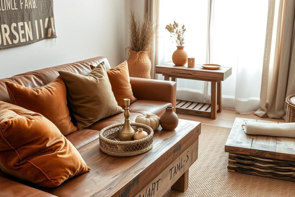 A cozy and inviting living room scene with a variety of textiles and accessories that seamlessly blend natural elements like wood and metal. In the foreground, plush velvet throw pillows in earthy tones sit atop a distressed leather sofa. On the coffee table, a woven basket holds an assortment of decorative objects, including a brass candlestick and a ceramic vase with dried flowers. The middle ground features a rustic wooden side table with a woven area rug underneath, adding warmth and texture to the space. In the background, sheer linen curtains frame a large window, allowing natural light to filter in and create a soft, diffused glow throughout the room. The overall mood is cozy, inviting, and harmonious, with the textiles and accessories seamlessly tying the mixed materials together. A cozy and inviting living room scene with a variety of textiles and accessories that seamlessly blend natural elements like wood and metal. In the foreground, plush velvet throw pillows in earthy tones sit atop a distressed leather sofa. On the coffee table, a woven basket holds an assortment of decorative objects, including a brass candlestick and a ceramic vase with dried flowers. The middle ground features a rustic wooden side table with a woven area rug underneath, adding warmth and texture to the space. In the background, sheer linen curtains frame a large window, allowing natural light to filter in and create a soft, diffused glow throughout the room. The overall mood is cozy, inviting, and harmonious, with the textiles and accessories seamlessly tying the mixed materials together.