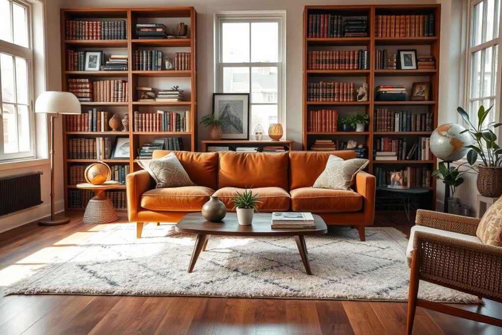 A cozy and inviting living room with a mix of personal touches. A mid-century modern sofa in a rich, earthy tone sits atop a plush area rug, surrounded by bookshelves filled with a curated collection of leather-bound volumes and keepsakes from travels abroad. Strategically placed accent pieces, such as a vintage globe and a few potted plants, add layers of warmth and personality. Soft, diffused lighting from a floor lamp and natural sunlight streaming through large windows create a serene, contemplative atmosphere. The overall composition strikes a balance between function and personalization, showcasing how one can integrate meaningful elements without overwhelming the space.