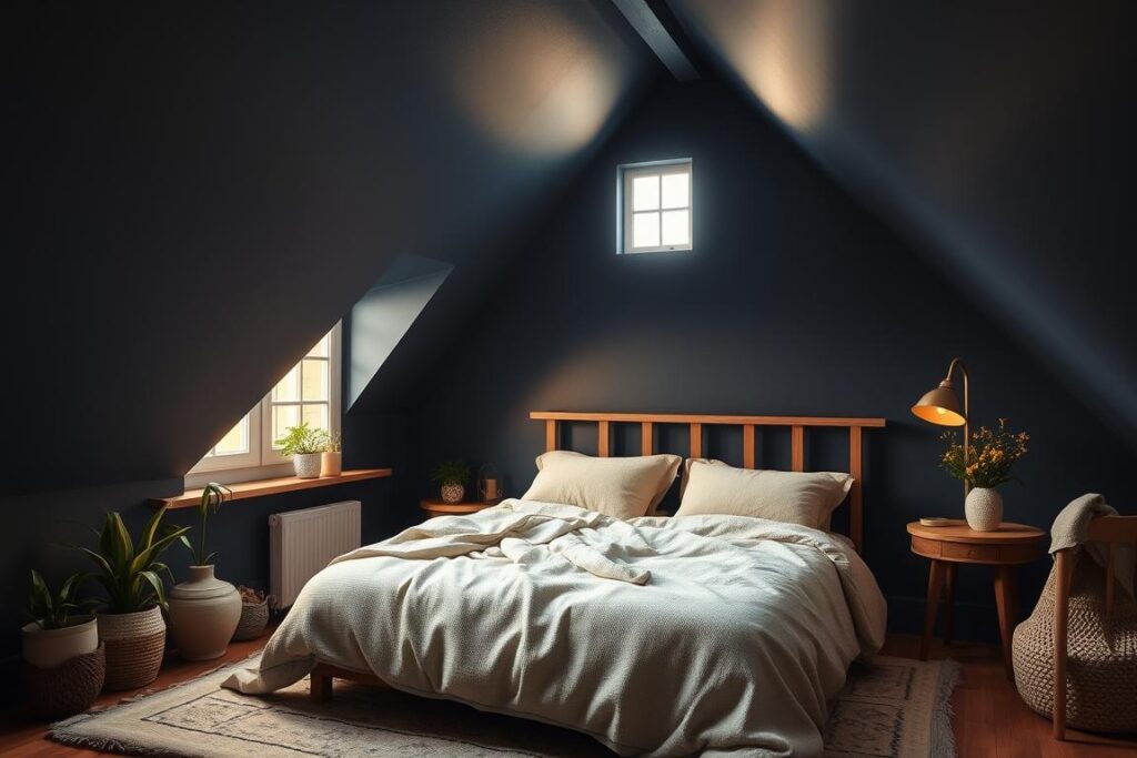 A cozy attic bedroom with charming slanted ceilings, bathed in a warm, golden glow from a large window. The walls are painted in a deep, rich navy blue, creating a sense of coziness and intimacy. Soft, textured fabrics in muted tones adorn the bed, complementing the moody hue of the walls. Delicate, brass light fixtures cast a gentle, ambient light, highlighting the architectural details of the space. Potted plants and natural wood accents lend an organic, earthy touch, while a plush, patterned rug adds visual interest to the floor. The entire scene exudes a serene, sophisticated atmosphere, perfectly capturing the essence of thoughtfully designed, color-coordinated spaces beneath a slanted roof.