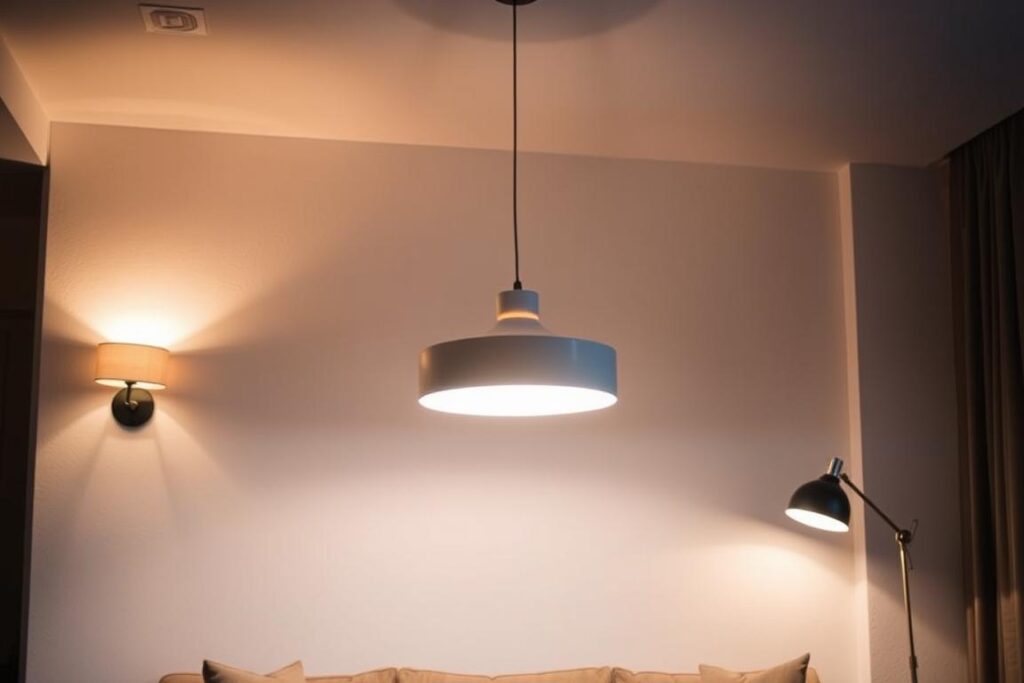 A cozy living room featuring a tasteful arrangement of indirect lighting sources. The main focal point is a large, modern pendant light suspended from the ceiling, its soft glow illuminating the space below. Flanking the pendant are a pair of wall sconces with adjustable arms, casting a warm, ambient light that bounces off the textured walls. In the corner, a floor lamp with a minimalist design emits a gentle, diffused luminance. The overall lighting scheme creates a tranquil, inviting atmosphere, perfect for relaxation and intimate conversation. A cozy living room featuring a tasteful arrangement of indirect lighting sources. The main focal point is a large, modern pendant light suspended from the ceiling, its soft glow illuminating the space below. Flanking the pendant are a pair of wall sconces with adjustable arms, casting a warm, ambient light that bounces off the textured walls. In the corner, a floor lamp with a minimalist design emits a gentle, diffused luminance. The overall lighting scheme creates a tranquil, inviting atmosphere, perfect for relaxation and intimate conversation.
