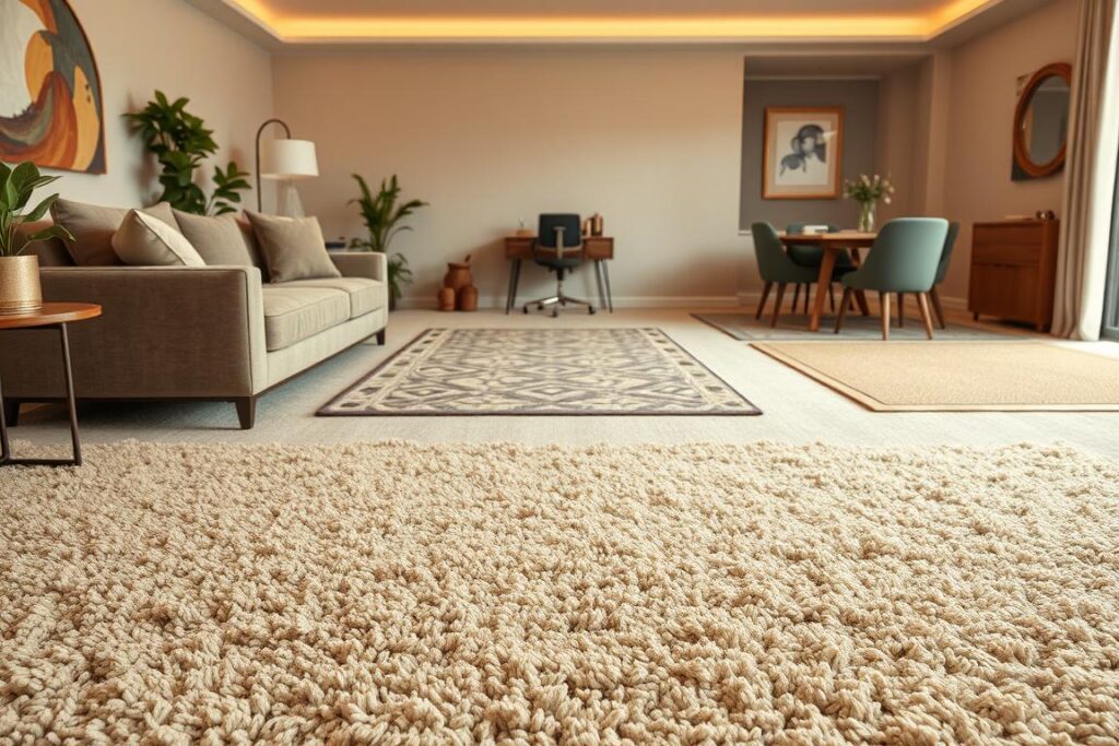 A cozy living room setting showcasing various carpet options for different zones. In the foreground, a lush, high-pile shag carpet in a warm neutral tone anchors the seating area, creating a plush, inviting texture underfoot. In the middle ground, a low-profile, patterned area rug delineates a home office nook, its abstract design adding visual interest. Towards the back, a sleek, low-profile sisal rug defines a dining space, its natural fibers complementing the room's earthy color palette. Soft, diffused lighting casts a golden glow, highlighting the varied textures and craftsmanship of the carpets. The scene exudes a sense of harmony, balance, and attention to material selection to optimize the functionality and aesthetics of distinct zones within the space. A cozy living room setting showcasing various carpet options for different zones. In the foreground, a lush, high-pile shag carpet in a warm neutral tone anchors the seating area, creating a plush, inviting texture underfoot. In the middle ground, a low-profile, patterned area rug delineates a home office nook, its abstract design adding visual interest. Towards the back, a sleek, low-profile sisal rug defines a dining space, its natural fibers complementing the room's earthy color palette. Soft, diffused lighting casts a golden glow, highlighting the varied textures and craftsmanship of the carpets. The scene exudes a sense of harmony, balance, and attention to material selection to optimize the functionality and aesthetics of distinct zones within the space.