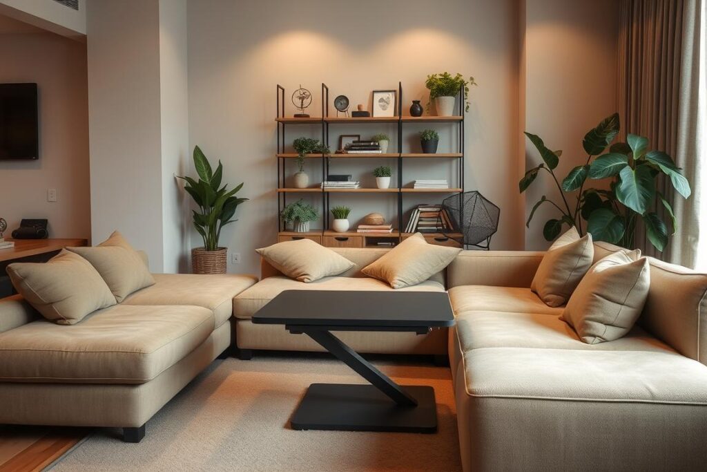 A cozy, multifunctional living space in a small studio apartment. In the foreground, a plush, modular sofa that can be rearranged to serve as a daybed, chaise lounge, or sectional. Adjoining the sofa, a compact, height-adjustable coffee table that can double as a dining surface or workspace. In the middle ground, a sleek, wall-mounted shelving unit displaying decorative objects, books, and plants, providing both storage and visual interest. The lighting is warm and indirect, creating a welcoming ambiance. The overall color palette features muted, earthy tones complemented by pops of green from the foliage. The scene evokes a sense of efficient, multifunctional living in a cozy, harmonious environment.