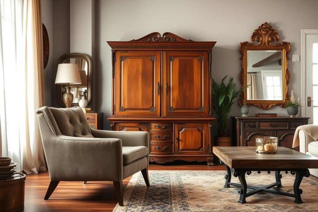 A cozy, well-lit living room showcasing a stunning array of vintage furniture pieces. In the foreground, a mid-century modern armchair with sleek, tapered legs and a plush, tufted upholstery. Behind it, a sturdy, oak cabinet with intricate carved details and a worn, weathered finish. To the side, a rustic, farmhouse-style coffee table with a distressed wood top and metal accents. In the background, a large, ornate mirror with a gilded frame casts a warm glow, reflecting the room's inviting ambiance. The overall scene exudes a sense of timeless elegance and a harmonious blend of vintage and contemporary elements.