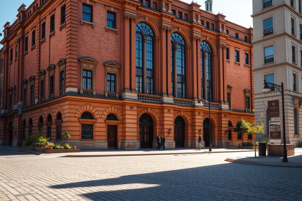 A grand, historic building stands tall, its striking brick facade and ornate details capturing the eye. The midday sun illuminates the structure, casting warm shadows across its weathered walls. A row of tall, arched windows lines the upper floors, suggesting the grand scale of the interior. In the foreground, a cobblestone street leads toward the building, with hints of lush greenery and pedestrians visible in the distance, adding a sense of life and activity to the scene. The overall atmosphere conveys a sense of timeless elegance and architectural significance, befitting an important project undertaken by the renowned Walter Asmus. A grand, historic building stands tall, its striking brick facade and ornate details capturing the eye. The midday sun illuminates the structure, casting warm shadows across its weathered walls. A row of tall, arched windows lines the upper floors, suggesting the grand scale of the interior. In the foreground, a cobblestone street leads toward the building, with hints of lush greenery and pedestrians visible in the distance, adding a sense of life and activity to the scene. The overall atmosphere conveys a sense of timeless elegance and architectural significance, befitting an important project undertaken by the renowned Walter Asmus.