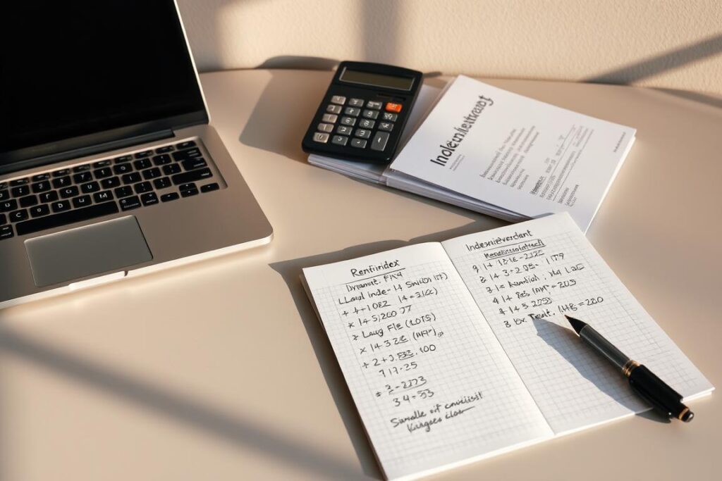 A neatly arranged desk with a laptop, calculator, and a stack of documents, all set against a minimalist gray backdrop. Warm, natural lighting casts soft shadows, creating a serene and focused atmosphere. The desk surface is clean, save for a pen and a graph paper notepad open, showcasing handwritten calculations and formulas related to an "Indexmietvertrag" or rent index contract. The scene conveys a sense of careful, methodical analysis of rental cost dynamics. A neatly arranged desk with a laptop, calculator, and a stack of documents, all set against a minimalist gray backdrop. Warm, natural lighting casts soft shadows, creating a serene and focused atmosphere. The desk surface is clean, save for a pen and a graph paper notepad open, showcasing handwritten calculations and formulas related to an "Indexmietvertrag" or rent index contract. The scene conveys a sense of careful, methodical analysis of rental cost dynamics.