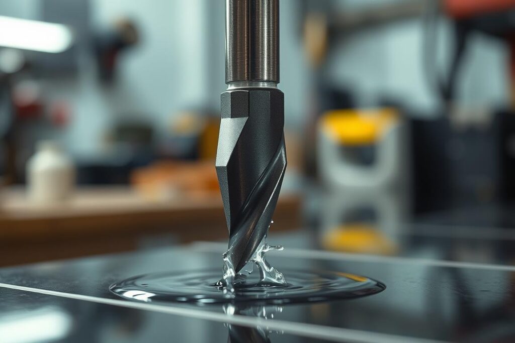 A well-lit workshop scene with a close-up view of a drill bit being cooled by a steady stream of water. The drill bit is made of shiny metal, its tip glinting under the directed lighting. The water flows smoothly over the surface, carrying away heat and debris. The background is blurred, creating a sense of focus on the cooling process. The atmosphere is one of precision and care, with a touch of industrial aesthetic. The lighting is soft yet directional, accentuating the form and texture of the drill bit. The overall mood is one of controlled efficiency, reflecting the care and attention needed when drilling through tiles. A well-lit workshop scene with a close-up view of a drill bit being cooled by a steady stream of water. The drill bit is made of shiny metal, its tip glinting under the directed lighting. The water flows smoothly over the surface, carrying away heat and debris. The background is blurred, creating a sense of focus on the cooling process. The atmosphere is one of precision and care, with a touch of industrial aesthetic. The lighting is soft yet directional, accentuating the form and texture of the drill bit. The overall mood is one of controlled efficiency, reflecting the care and attention needed when drilling through tiles.
