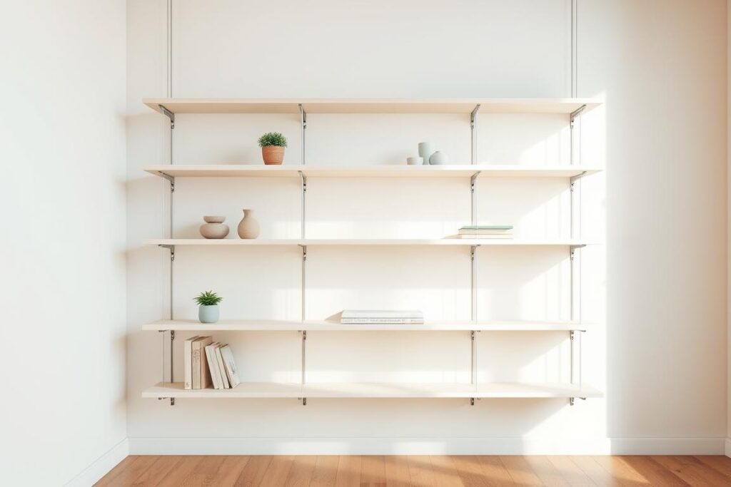 Airy, minimalist shelving setup with light, natural materials. Clean, bright white wooden shelves suspended by thin metal brackets, casting soft shadows. Shelves styled with potted plants, small ceramics, and a few select books in muted tones. Soft, diffused lighting illuminates the scene, creating an inviting, tranquil atmosphere. Wooden floor and neutral walls provide a simple, serene backdrop, allowing the open, lightweight shelving design to take center stage. Minimal, Scandinavian-inspired aesthetic highlighting the beauty of unadorned, honest materials. Airy, minimalist shelving setup with light, natural materials. Clean, bright white wooden shelves suspended by thin metal brackets, casting soft shadows. Shelves styled with potted plants, small ceramics, and a few select books in muted tones. Soft, diffused lighting illuminates the scene, creating an inviting, tranquil atmosphere. Wooden floor and neutral walls provide a simple, serene backdrop, allowing the open, lightweight shelving design to take center stage. Minimal, Scandinavian-inspired aesthetic highlighting the beauty of unadorned, honest materials.