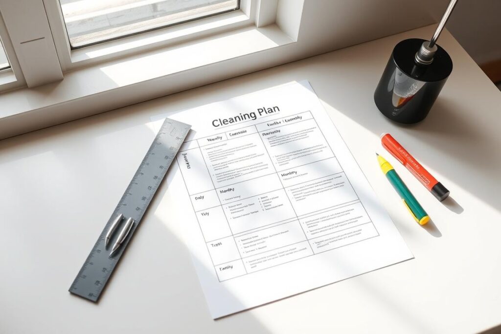 Detailed cleaning plan for stairwell, with a modern, organized layout. A4 paper sheet on a minimalist desk, showcasing a structured schedule of daily, weekly, and monthly tasks. Soft natural lighting from a window, casting gentle shadows. Ruler, pen, and highlighter provide a professional touch. Clean, neutral color palette with pops of accent colors to draw the eye. Conveys a sense of efficiency, productivity, and well-thought-out maintenance for a pristine stairwell environment. Detailed cleaning plan for stairwell, with a modern, organized layout. A4 paper sheet on a minimalist desk, showcasing a structured schedule of daily, weekly, and monthly tasks. Soft natural lighting from a window, casting gentle shadows. Ruler, pen, and highlighter provide a professional touch. Clean, neutral color palette with pops of accent colors to draw the eye. Conveys a sense of efficiency, productivity, and well-thought-out maintenance for a pristine stairwell environment.