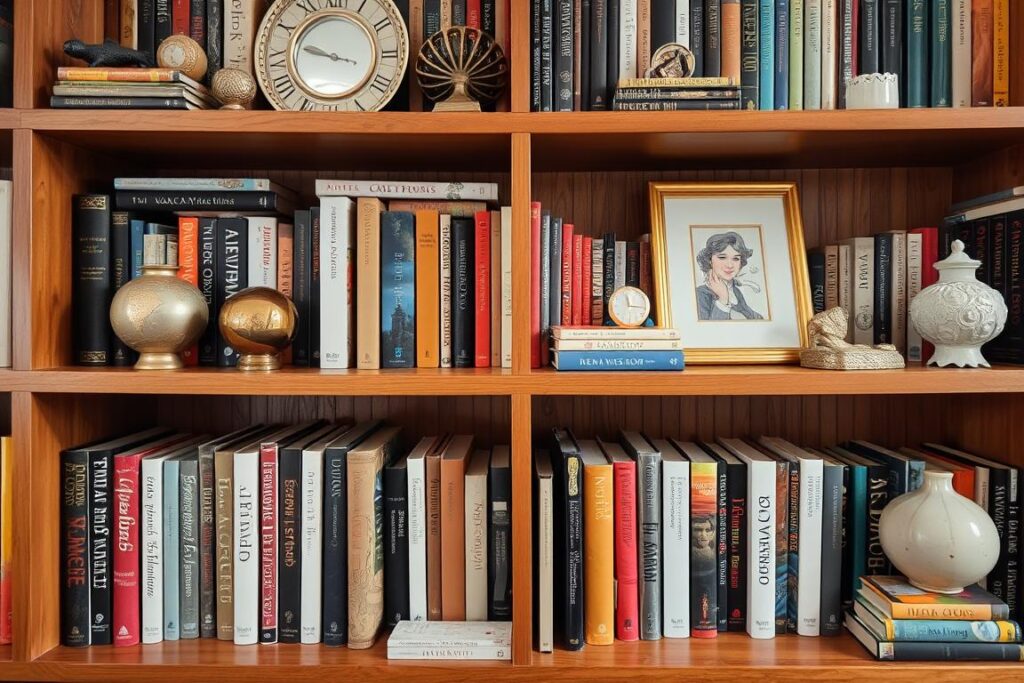Ein Bild von einem Bücherregal mit verschiedenen Büchern und Dekorationsobjekten