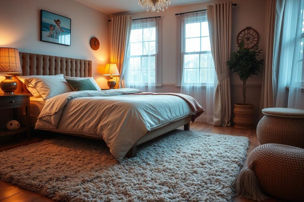 Ein Bild von einem Schlafzimmer mit einem flauschigen Teppich neben dem Bett. Ein Bild von einem Schlafzimmer mit einem flauschigen Teppich neben dem Bett.