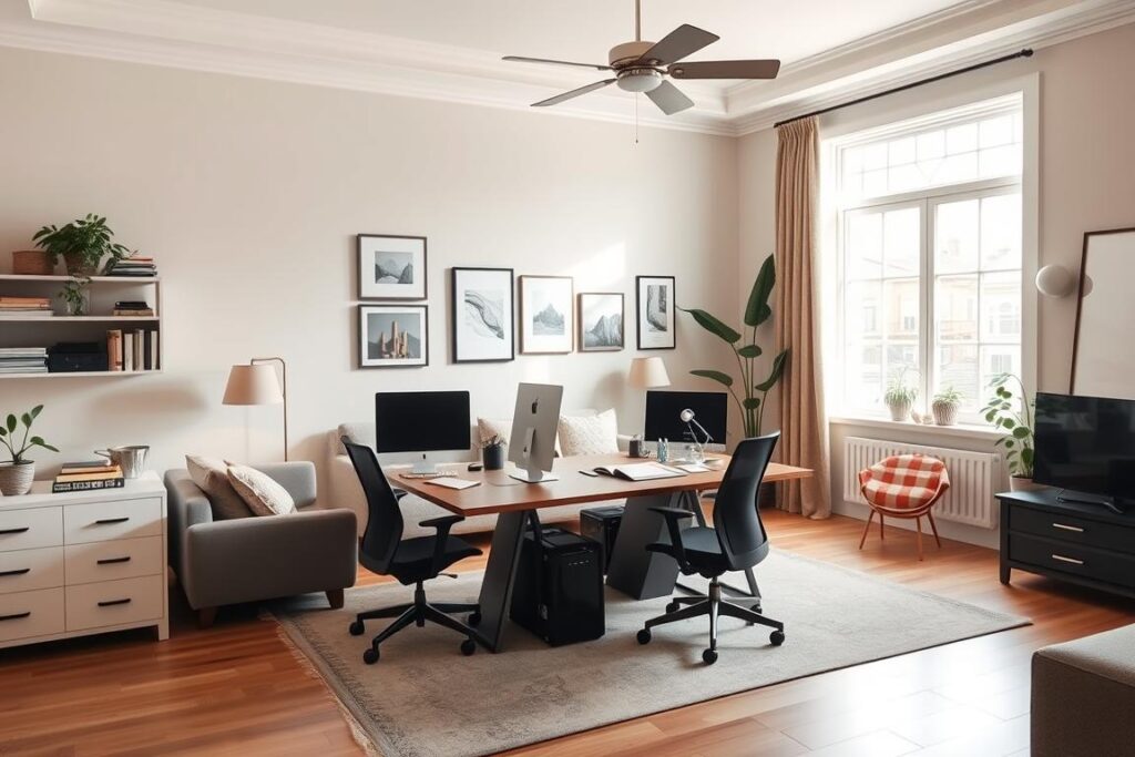 Ein Bild von einem gut organisierten Home-Office in einem großen Wohnzimmer