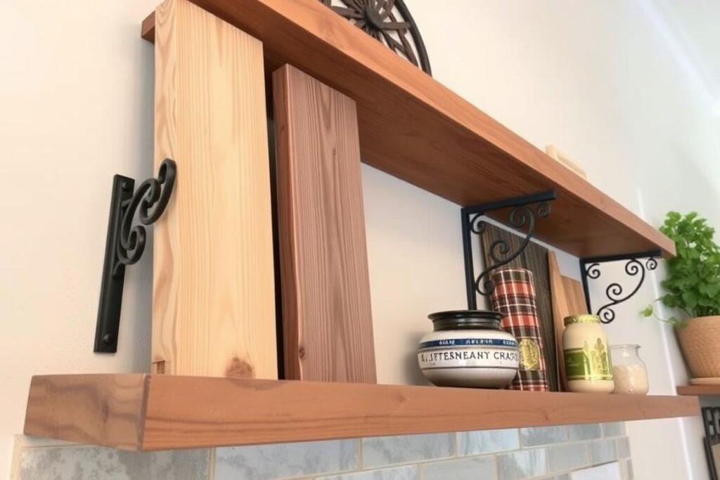 Ein Bild von einem selbstgebauten Regal mit Holzbrettern und dekorativen Konsolen Ein Bild von einem selbstgebauten Regal mit Holzbrettern und dekorativen Konsolen