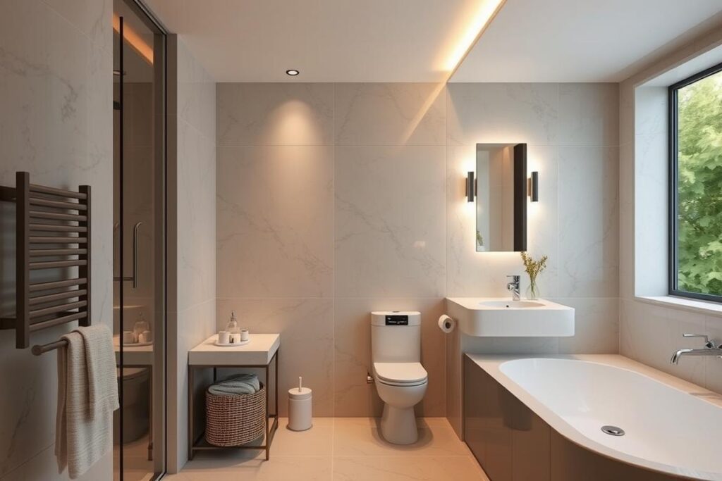 Generiere ein Bild von einem Badezimmer mit indirekter Beleuchtung Generiere ein Bild von einem Badezimmer mit indirekter Beleuchtung