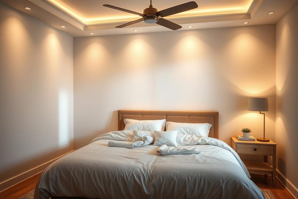 Generiere ein Bild von einem Schlafzimmer mit indirekter Beleuchtung Generiere ein Bild von einem Schlafzimmer mit indirekter Beleuchtung