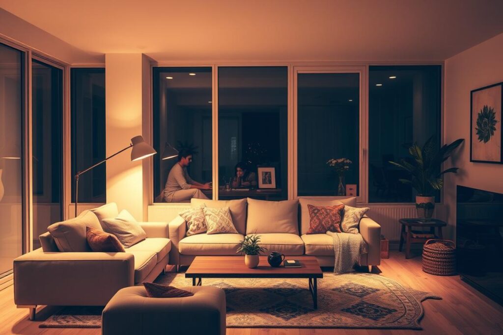 Generiere ein Bild von einem gemütlichen Wohnzimmer mit indirekter Beleuchtung Generiere ein Bild von einem gemütlichen Wohnzimmer mit indirekter Beleuchtung