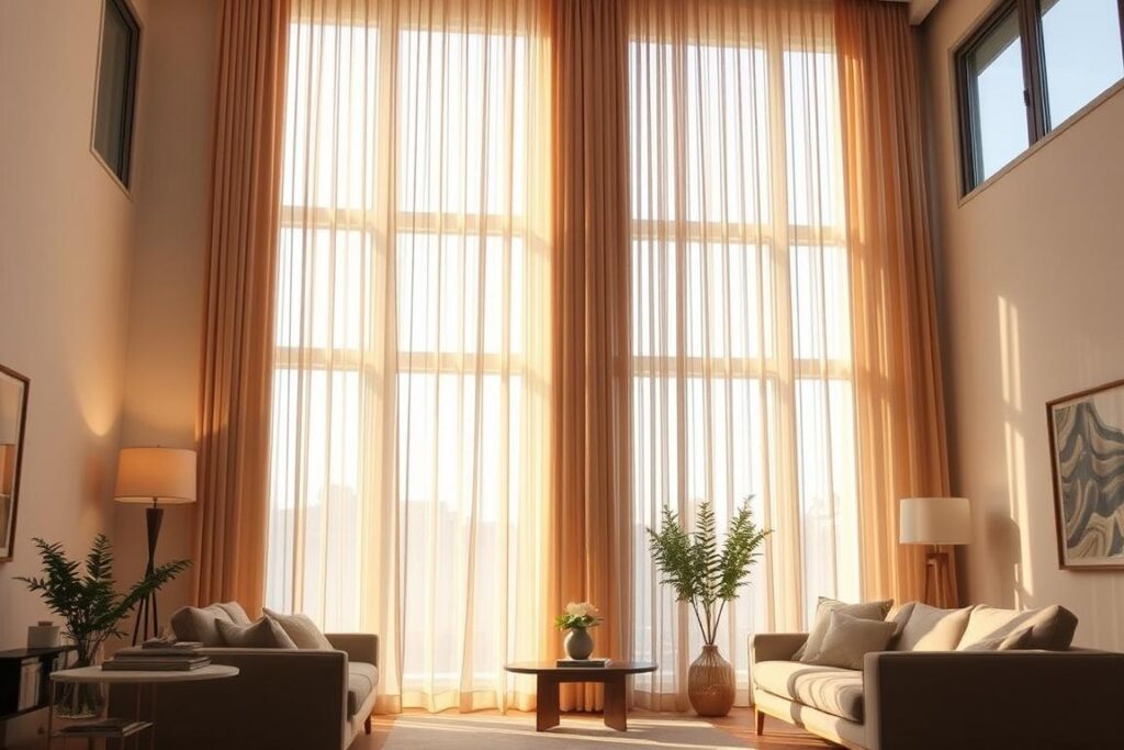 Vorhänge höher hängen: an interior scene with high ceilings, large windows, and floor-to-ceiling curtains elegantly draped. Warm, diffused lighting filters through the sheer fabric, creating a cozy, inviting atmosphere. The curtains are positioned several inches above the top of the window frame, drawing the eye upward and amplifying the sense of spaciousness. Plush, neutral-toned furnishings and textures complement the refined, minimalist aesthetic. A mid-century modern aesthetic with natural wood tones and clean lines. The overall impression is one of elevated sophistication and expanded spatial awareness. Vorhänge höher hängen: an interior scene with high ceilings, large windows, and floor-to-ceiling curtains elegantly draped. Warm, diffused lighting filters through the sheer fabric, creating a cozy, inviting atmosphere. The curtains are positioned several inches above the top of the window frame, drawing the eye upward and amplifying the sense of spaciousness. Plush, neutral-toned furnishings and textures complement the refined, minimalist aesthetic. A mid-century modern aesthetic with natural wood tones and clean lines. The overall impression is one of elevated sophistication and expanded spatial awareness.